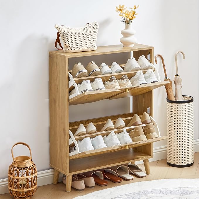 BERRYMERRY Natural Shoe Cabinet with 2 Flip Drawers Fluted Recessed | narrow,entryway,16 pairs shoe,shoe organize,hidden shoe rack,fluted panel,wave pattern,wood,space saving