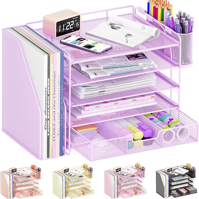 OPNICE Desk Organizer, 5-Tier Desktop File Organizer with Drawer and Pen Holders, Office Desk Accessories, File Sorters, Workspace Organizers for Office Supplies(Purple)