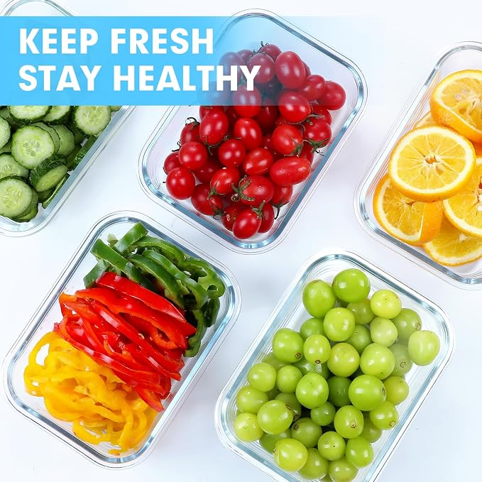 VERONES 5 PACK 36 OZ Glass Meal Prep Containers Set with Lids, Grey | Airtight Glass Lunch Containers Set, Food Storage Containers with Lids, for Microwave, Oven, Freezer & Dishwasher Friendly