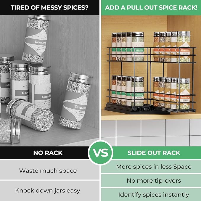Mystozer Pull Out Spice Rack Organizer for Cabinet, Slide Out Spice Racks, Easy to Install Spice Cabinet Organizers, 5.28" Wx10.43 Dx8.26 H, 2 Drawers 2 Tiers(Black)