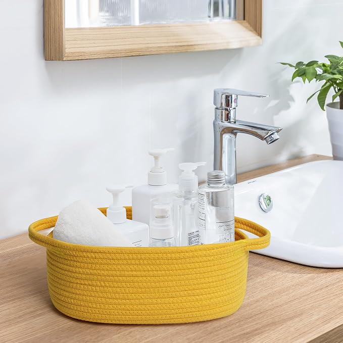 MEGASKET Yellow Woven Basket, 13" x 9" x 5" Baskets for Gifts Empty, Cute Cotton Rope Cat Dog Toy Bin Box, Small Woven Bin for Organizing, Yellow Room Decor, Nursery Cloth Diaper Storage Organizer