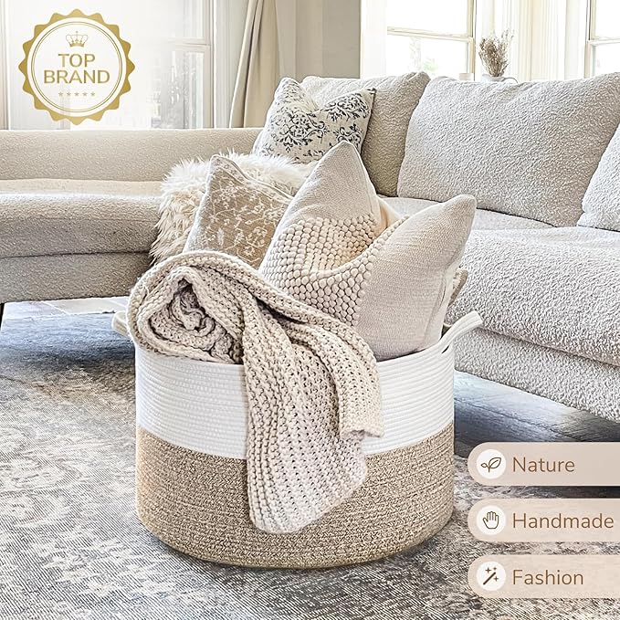 INDRESSME XXXLarge Woven Rope Blanket Basket Living Room Light Brown, 90L | 21.7" x 13.8" Storage baskets for toys laundry & pillows. Fits living room, bedroom or nursery décor. Soft-touch with handles