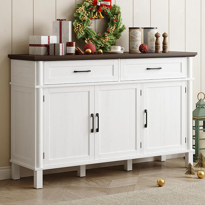 55 Inch Buffet Cabinet with Storage, Farmhouse Sideboard Buffet w/2 Drawers and 3 Doors, Wood Coffee Bar Cabinet with Adjustable Shelves, Sideboard Storage for Kitchen, Living Room, Off White