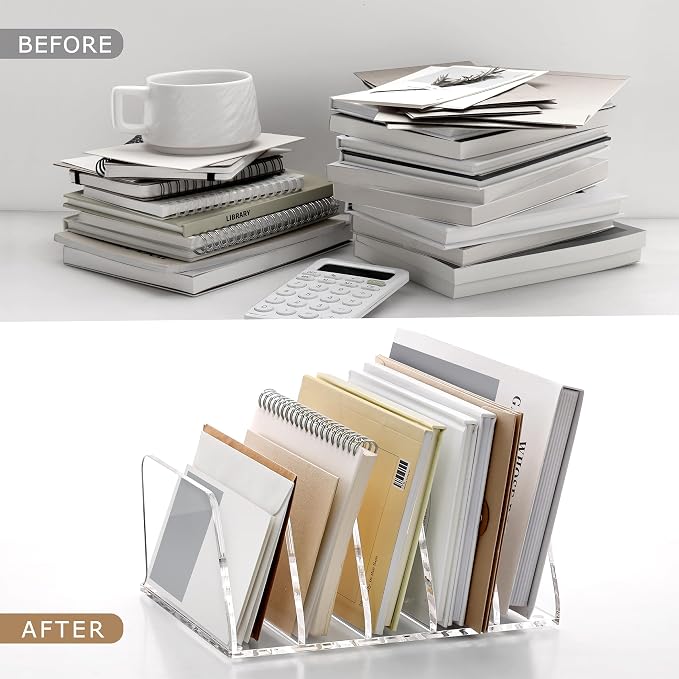 SANRUI Clear Acrylic Mail Sorter Desk Bill Organizer Holder, 5 Compartments | Small File Script Letter Document Storage for Desktop Filling Envelope Holder Office, Home, School Organization