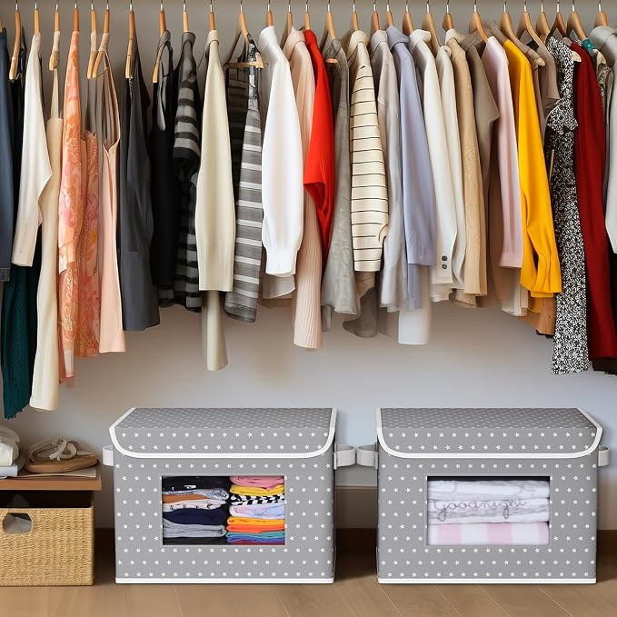 Univivi Fabric Foldable Storage Boxes with Lids, 4 Pack, Gray Star | 17 x 12 x 12 In Large Stackable Storage Bins with Lids, Closet Organizers and Storage Cube Basket for Home, Office, Bedroom