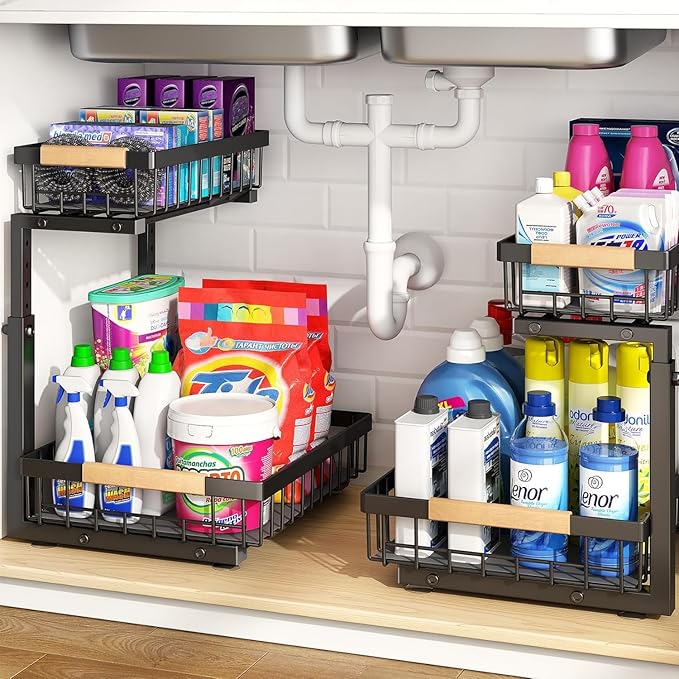PXRACK Under Sink Organizer, Adjustable Height, 2 Tier Pull Out Under Cabinet Organizer, Slide Out Thickened Metal Under Sink Storage for Kitchen Bathroom Laundry Pantry Cabinet, Black, Small-2-Pack