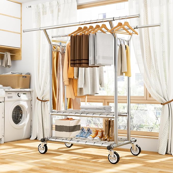 HYSEYY Heavy Duty Clothes Rack, Rolling Clothing Rack With Shelves Load 620 LBS, Double Rod Clothing Racks for Hanging Clothes, Portable& Adjustable Clothes Rack with Wheels Garment Rack