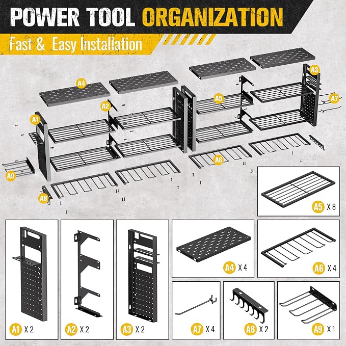 66" W Power Tool Organizer Wall Mount,4-Layer,18 Cordless Drills | Large Tool Storage Rack, Heavy Duty 600 lb Load Capacity for Garage Workshop, Black, Gift for Men