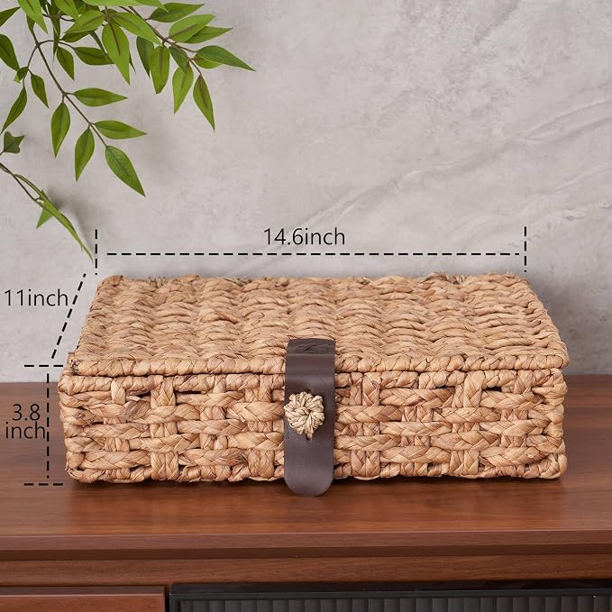 Decorative Box with Lid, Wicker Storage Basket, Water Hyacinth Woven Decorative box for Shelf, Coffee Table, Console Table, Home Decor (Large)