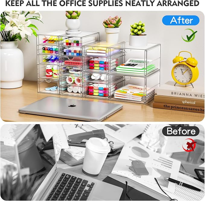ARSTPEOE Acrylic 13-Drawer Storage & Makeup Organizer for Desk, Bath | Smooth-glide drawers, clear acrylic, stackable, dustproof, wipe-clean, for eyeliners, lip liners, markers, push pins,pen