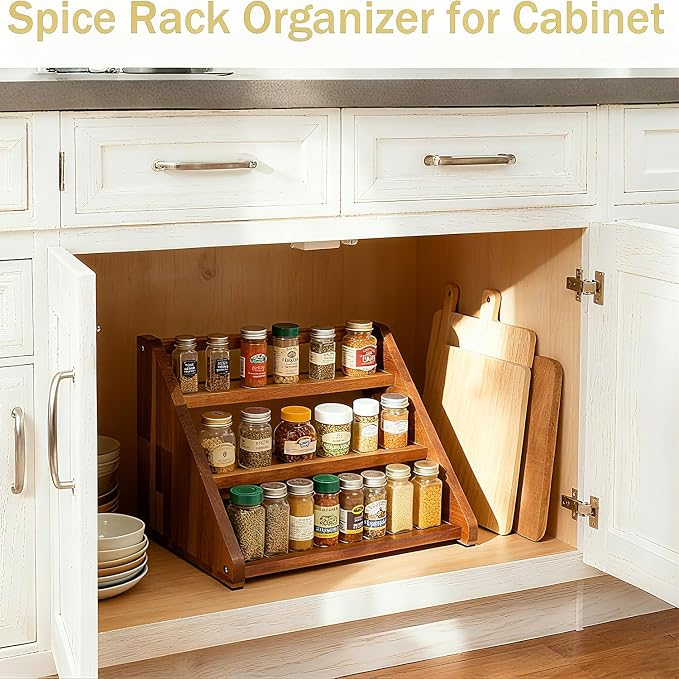 Acacia Wooden Spice Rack for Countertop - 3 Tiered Spice Rack Organizer for Cabinet - Kitchen Spices Organizers Holds 21 Jars - Spices Shelf for Kitchen Storage Pantry Seasoning Organizer