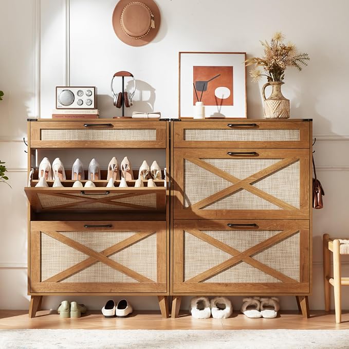 LEYAOYAO Shoe Cabinet Storage for Entryway with 2 Flip Drawers Rack Narrow Organizer Slim Hidden Wood Shoe Cabinet Furniture Tea Brown