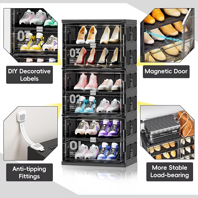 JEKO&JEKO 6 Tiers 12 Pairs Portable Shoe Organizer Storage Boxes with Magnetic Door, Folding X-Large Shoe Rack Free-Standing for Closet Entryway, Sneaker Storage Cabinet Fits US Size 12 (Black)