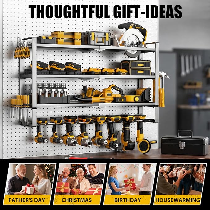 MOOMSINE Large Power Tool Organizer Wall Mount for Garage, 4-Tier Heavy Duty Metal Storage Rack Loads 400lbs, Battery Tools Hanger with 8 Cordless Drill Holders for Workshop, Pegboard, Shed