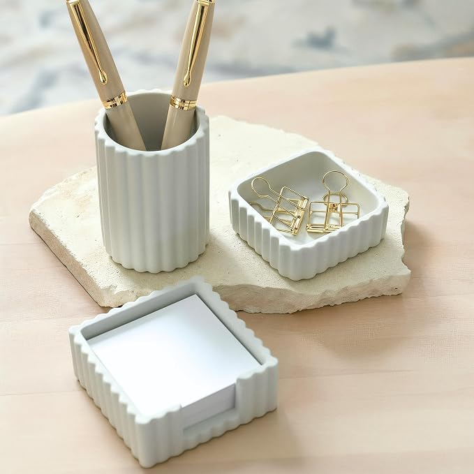 Aesthetic Desk Organizer Set of 3 For Your Office - Sturdy Concrete Desktop Accessories For Women Enhance Any Office Decor - Set incl. Pen Holder, Paperclip Storage & Sticky Note Holder for Teacher