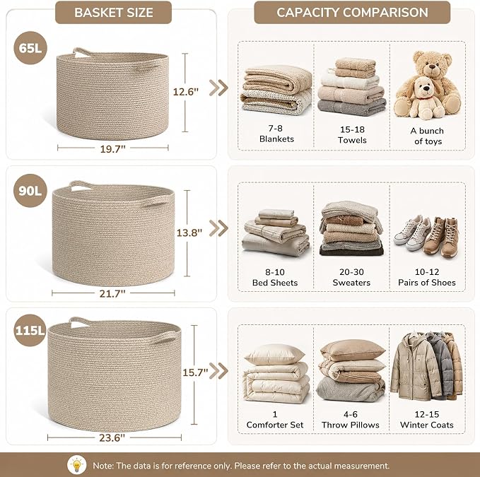 INDRESSME Large Woven Wicker Blanket Basket Living Room, 65L | 19.7" x 12.6" Storage baskets for laundry, toys & pillows. For living room, bedroom or nursery decor. soft-touch, gift basket