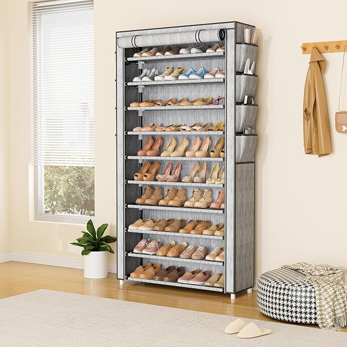 VTRIN Tall Shoe Rack with Cover, 10 Tier Shoe Organizer Storage for 50-55 Pairs Shoes and Boots Large Capacity Shoe Shelf with 8 Pockets Free Standing Shoe Rack for Closet, Entryway, Garage, Printing