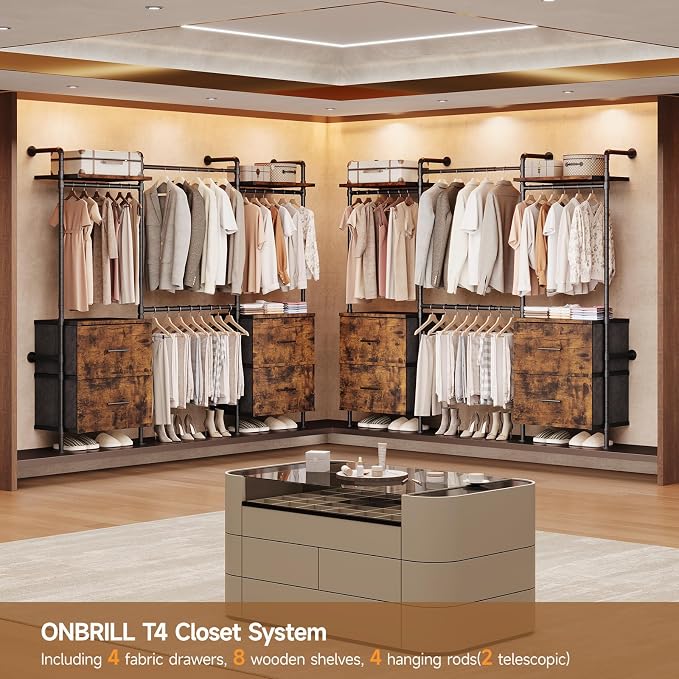 ONBRILL T4 Wall Mounted Closet System, Industrial Pipe Clothing Rack with 8 Wooden Shelves, 4 Drawers & 4 Hanging Rods (2 Expandable), Heavy Duty Closet Organizers and Storage System (Rustic Brown)