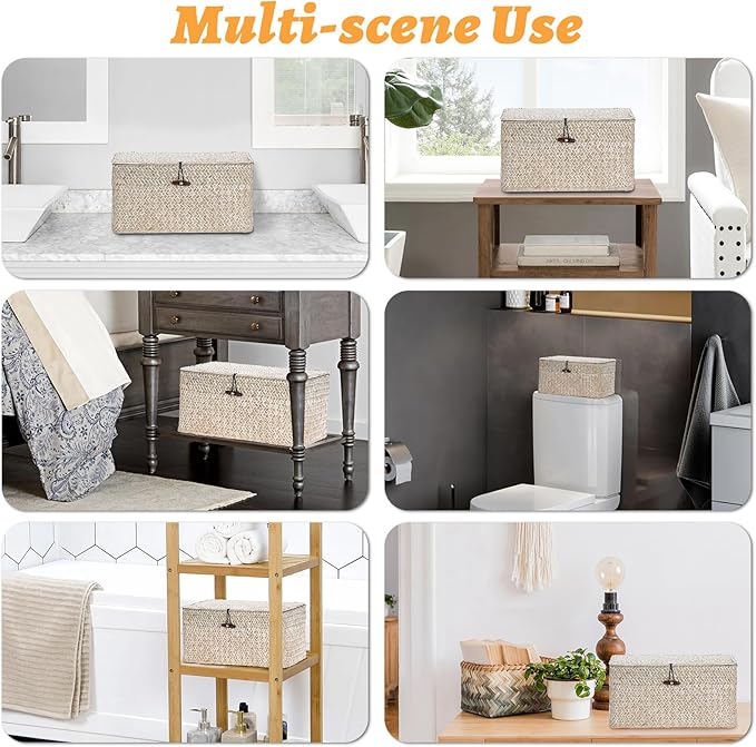 Sumnacon Wicker Basket with Lid Rectangle Woven Baskets for Toiletries Tampon Storage,Wicker Storage Basket with Lid,Decorative Seagrass Storage Baskets for Shelf Bathroom Toilet Table,Whitewash
