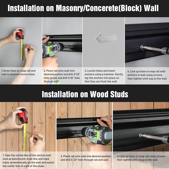 WORKPRO 64" Garage Tool Organizer Wall Mount with 8 Adjustable Hooks | Garage Organization, Garden Tool Rack System, 4 Rails, Hanging, Storage, Universal Installation, PVC material