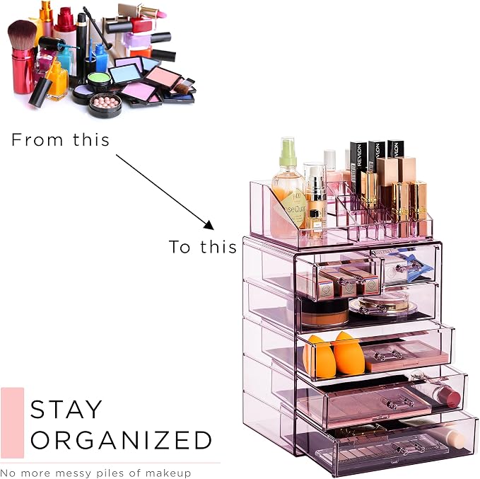 Sorbus Acrylic Makeup Organizer Set, 6-Drawer Vanity & Countertop Cosmetic Storage with Small & Wide Compartments, Purple Makeup Storage for Brushes, Jewelry – Holiday Gift for Women & Teens
