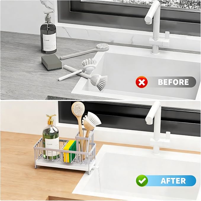 Cisily Sponge Holder for Kitchen Sink, Sink Caddy Organizer with High Brush Holder, Kitchen Countertop Organizers and Storage Essentials, Rustproof 304 Stainless Steel (Gray, 9.25″)