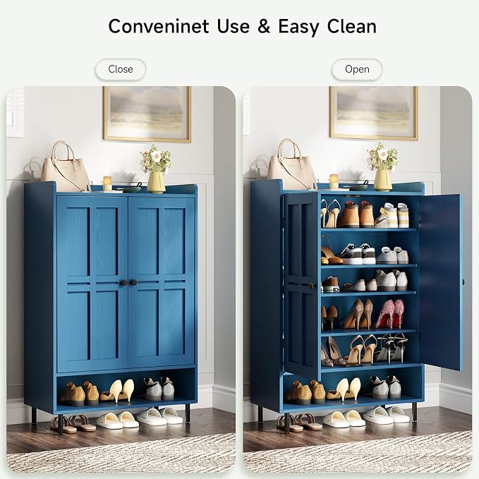 ONBRILL Shoe Cabinet with Cross Molding Doors, 6-Tier Shoe Storage Cabinet with 3 Adjustable Shelves and Metal Legs, 45'' Tall Shoes Rack Organizer Cabinet for Entryway, Front Door, Blue