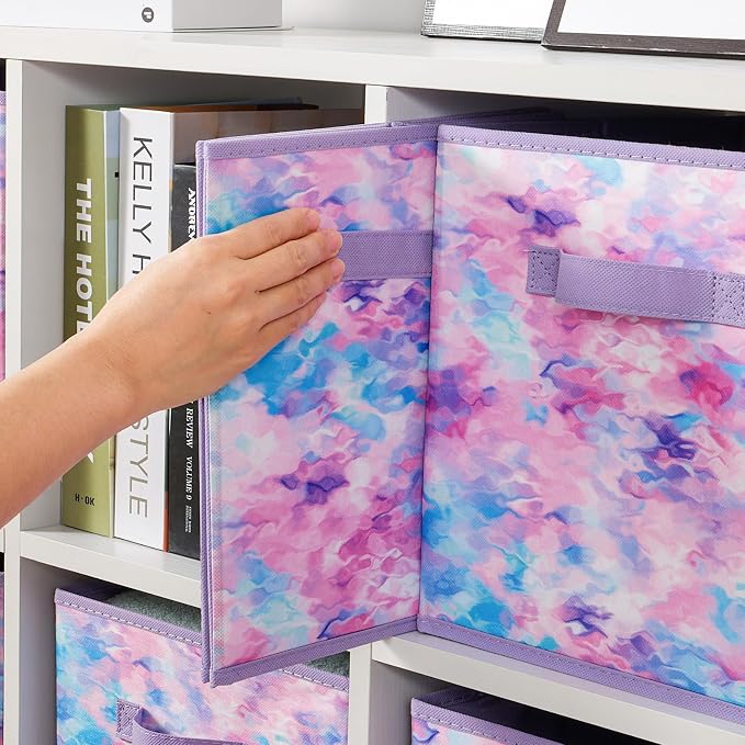Stero Fabric Storage Cubes, 6 Pack Foldable Storage Bins with Handle, 11 Inch Box for Shelves, Closet, Organizer, Tie-dye Purple