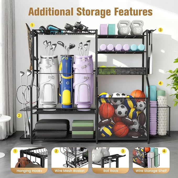 Garage Sports Equipment Organizer, 3 Golf Bag Organizer Stand Heavy-Duty Ball Storage Rack with Basket and Hooks, Ball Storage Cart for Toy Sports Gear Storage, Black