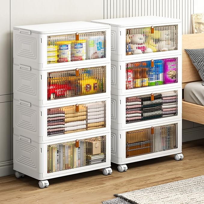 YFXCVSL 4 Tier Plastic Storage Bins with Lid 36QT, Stackable Storage Bins | Plastic Storage Bins with Wheels, Folding Storage Boxes, Organizers and Storage for Living Room,Office,Dorm