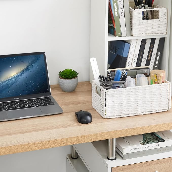 Vagusicc Wicker Storage Basket, Set of 2 Hand-Woven Paper Rope Wicker Basket, Small Storage Baskets for Organizing Toilet Paper Basket, Foldable Large Cube Storage Organizer Bins for Shelves (White)