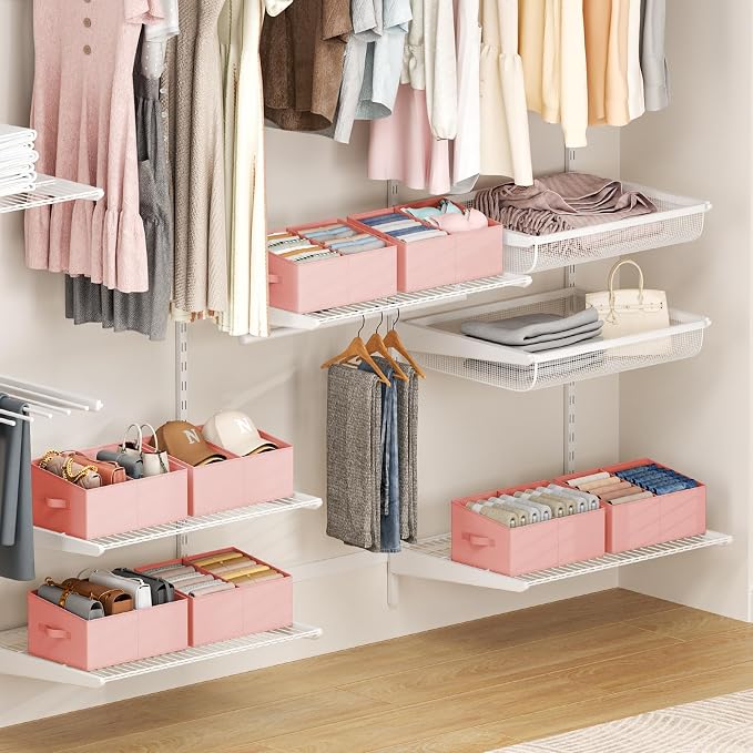 DIMJ Large Closet Shelf Organizer Bins 8 Packs with Handles and Divider, Fabric Trapezoid Storage Baskets, Foldable Clothes Containers Box for Shelf, Towel, Book, Toy, Purse, Hats, Pink
