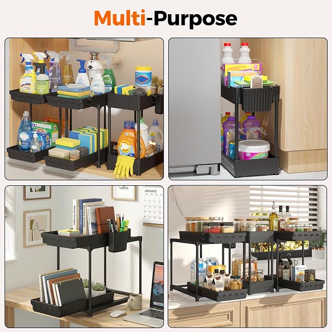 Sevenblue 3-Pack 2-Tier Under Sink Organizers with Sliding Drawers | Multi-use kitchen & bathroom storage, 14.8 inch 2-Tier Sliding cabinet organizer, space-saving sliding drawer design.