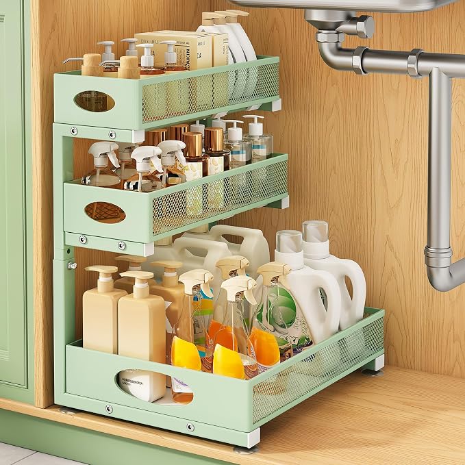 Kitstorack Under Sink Organizer 3-Tier Slide Out Drawer 1-Pack Green | Height Adjustable, Metal Mesh Storage Rack, Pull out Cabinet Organizer Shelf for Bathroom Kitchen Pantry Home Organization