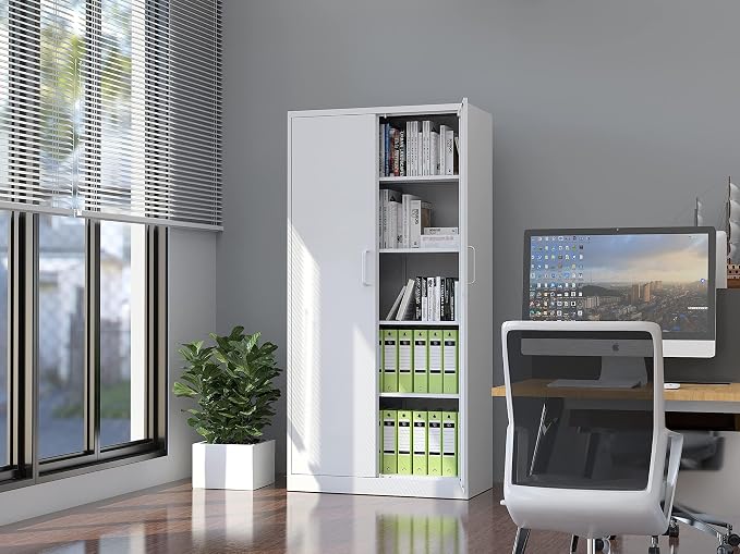 Fesbos Metal Storage Cabinet-71” Tall Steel File Cabinets with Lockable Doors and Adjustable Shelves-White Steel Storage Cabinet for Home, School, Office, Garage