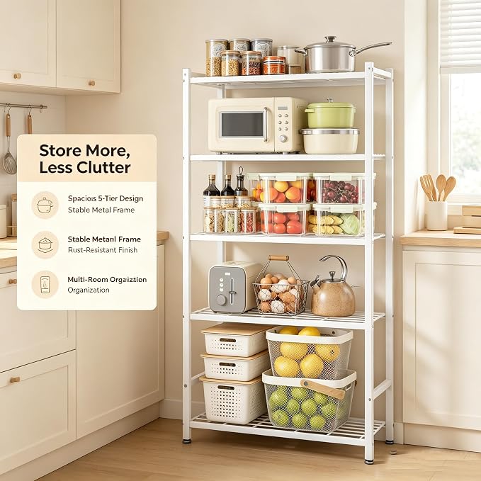 Storage Shelves, 5-Tier Metal Shelving Unit with 120 lbs Per Shelf, Leveling Feet, Storage Rack for Garage, Kitchen, Pantry, Closet, 24" x 11.8" x 61.1", White