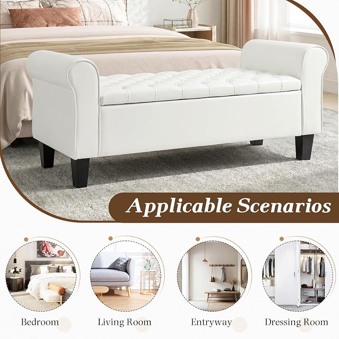 55" Storage Ottoman Bench for Living Room, End of Bed Bench with Rolled Arm Leather Ottoman with Storage Upholstered Entryway Bench Retro Style Footboard Bench for Bedroom, Cream White