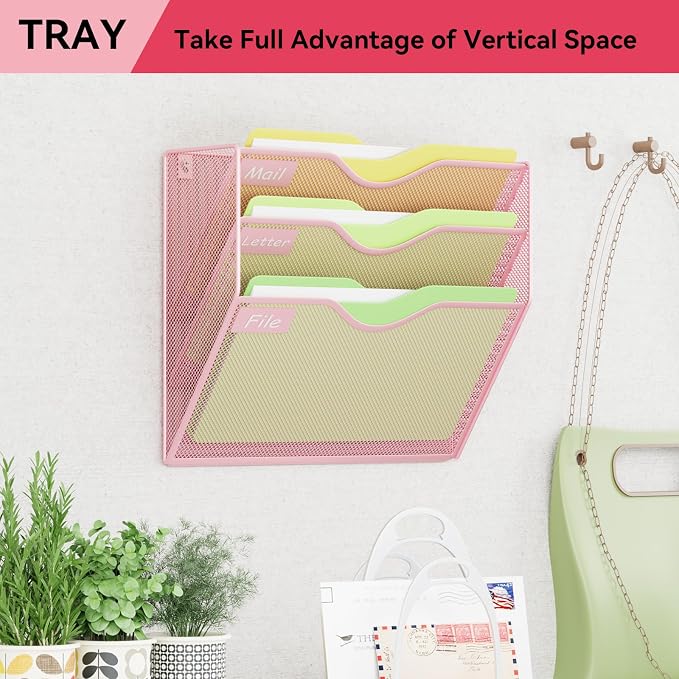 3 Pockets Hanging Wall File Organizer Mail Holder, Wall Mounted Paper Document Folder Holder, Clipboard Storage Organization Magazine Rack, Pink
