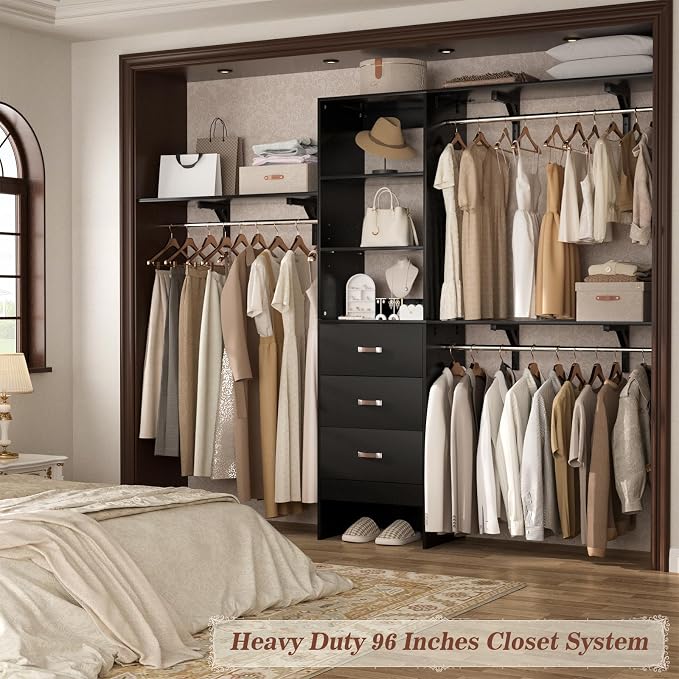 iSunirm 8FT Closet System, 96'' Closet Organizer System with 3 Hanging Rods, Wall Mount Bedroom Wardrobe with 3 Drawers Walk-in Closet, Adjustable Cloth Garment Rack from 5 to 8FT (Cut to Fit), Black
