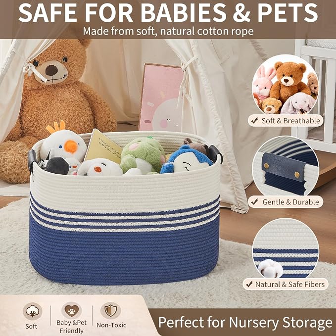 Laundry Hamper with Handles, 72L Rope Laundry Basket, Blue | Cotton rope clothes hamper with leather handles holds blankets, pillows, toys and laundry in nursery, bedroom or living room