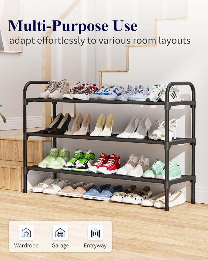 Kitsure Extra-Long Shoe Rack for Closet, 39.0" Wide - 3 Tier, Black | Shoe Organizer for Front Door Entrance, Stackable Shoe Shelf, Closet Organizers and Storage
