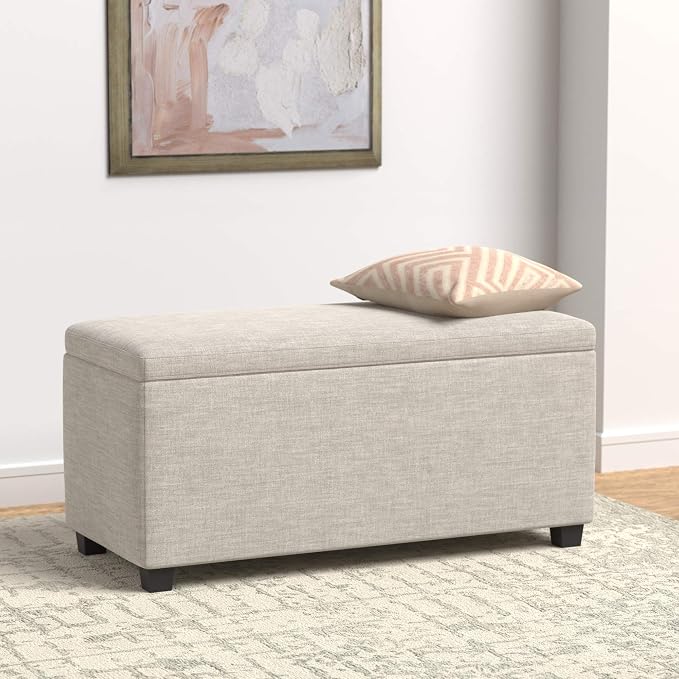 Amazon Basics Upholstered Storage Ottoman Bench with Soft Close Lid, Child-Safety Hinge, No Assembly Required, 35.5"W x 16.5"D x 17"H, Beige