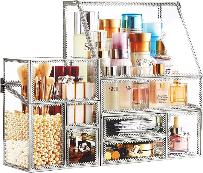 Tempered Glass Makeup Organizer with Heart Shaped Metal Frame, Large Cosmetic Storage Drawer Cabinet, Dustproof Vanity Display Case for Lipstick Makeup Brush Skincare Bathroom Bedroom