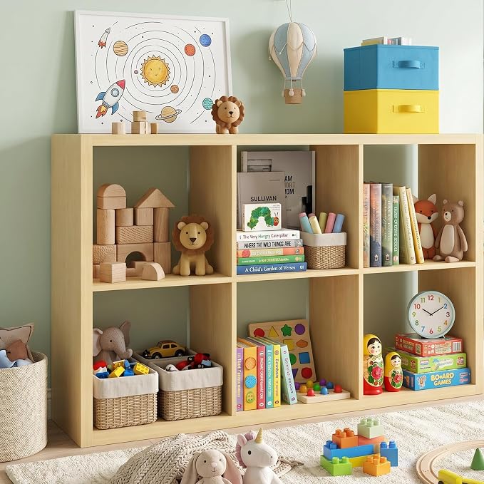 CTESNE【2026 Wooden Thick Frame 6 Cube Storage Organizer Shelf with Anti-Tipping Kits + Reversible Open Back Bookcase, Horizontal and Vertical Dual-use (Oak 13in)