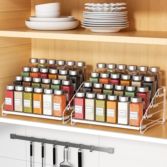 2 Pack Spice Rack Organizer for Cabinet, Depth Adjustable 4 Tier Spice Rack | White, Metal Spice Organization for Cabinet, Easy Visibility, Tiered Spice Rack Perfect for Cabinet, Pantry and Countertop