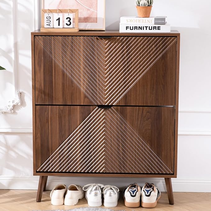 oakvivo Shoe Cabinet Storage, Farmhouse Freestanding Organizer with 2 Flip Drawers and 4 Wooden feet, Narrow Shoe Rack Cabinet for Entryway, Foyer, Hallway, Walnut