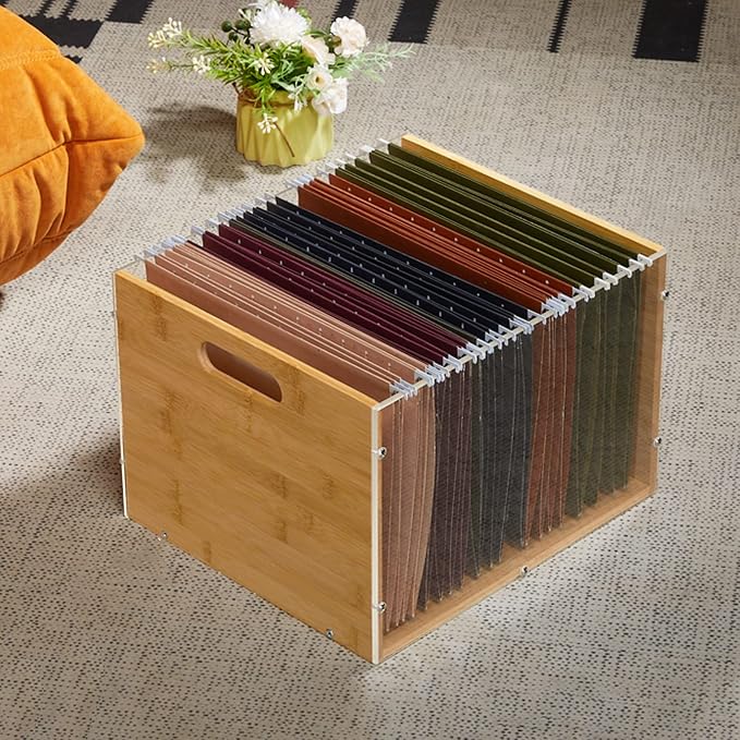 Sbanmao 2 Pack Hanging File Organizer, Clear Acrylic File Box Organizer, Bamboo Filing Box File Crate Storage Boxes, Portable Filing Organizer with Handle for Letter Size