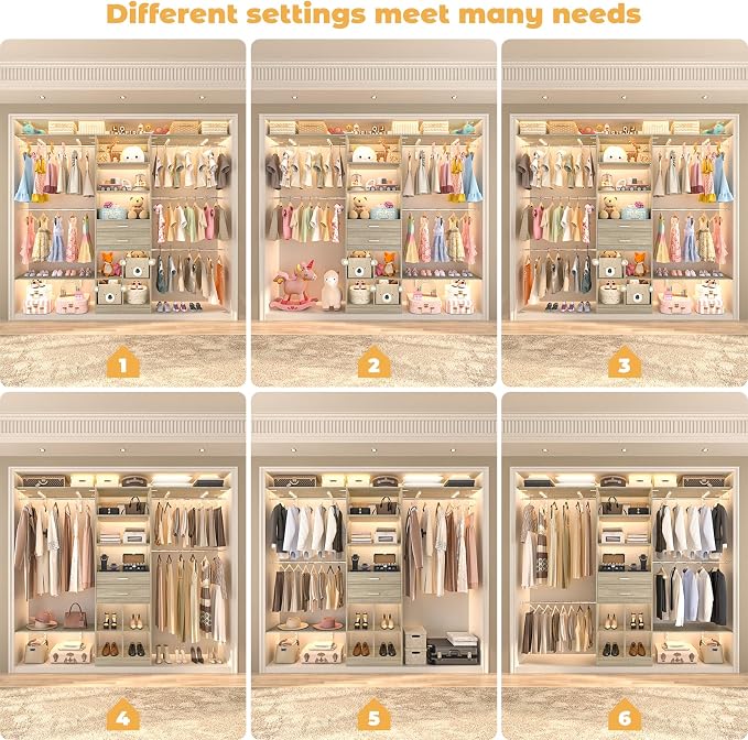 Besiost Closet System - 8FT Closet Organizer System with Wooden Drawers, 96" Closet Systems for Nursery & Walk-In Closets with Cuttable Hanging Shelving, Greige Oak