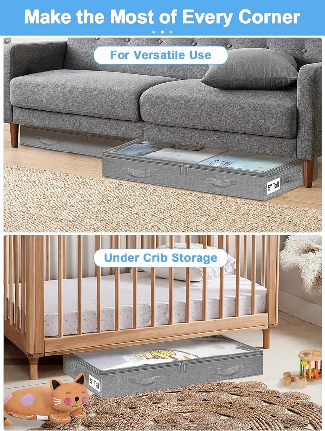 punemi 5 inch High Soft Fabric Low Profile Under Bed Storage, 2 Pack, Grey | Thin Clothes Storage Containers with 3 Handles & Clear Lid, Ideal for Bedding & Blankets, Fits Under Cribs, Sofas & Dorm Beds