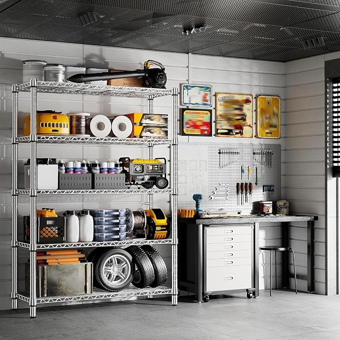 REIBII 5-Tier 1200LBS Metal Shelving, 71" H Adjustable Storage Shelf,Chrome | 19.1mm diameter rods, 240 lbs/shelf, adjustable shelf with leveling feet, tool-free setup,fits kitchen/bathroom